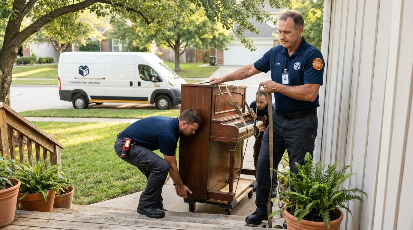 Licensed piano movers securing grand piano in Johnson, VT