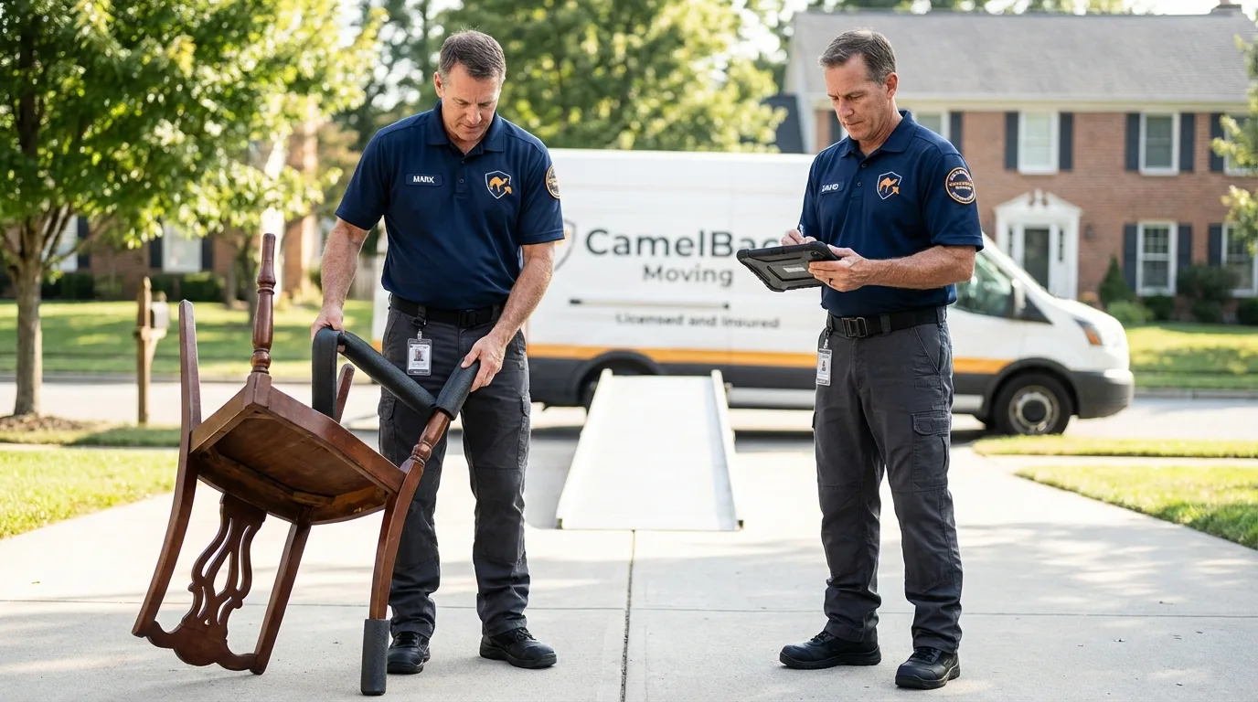 Movers inspecting furniture for damage prevention before loading in Johnson, VT