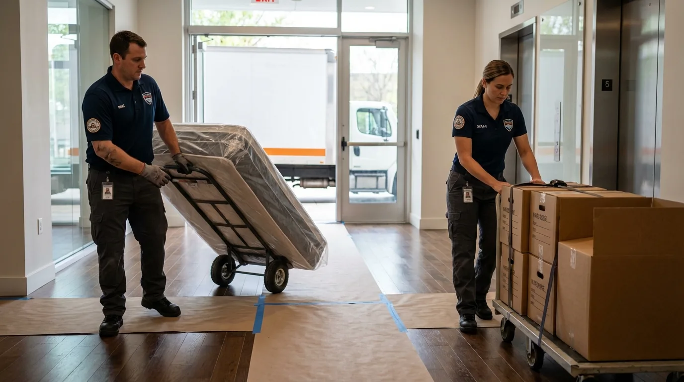 Professional apartment movers loading elevator in Johnson, VT